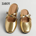 ZAROY Luxury Gold Women Mules Square Toe PU Leather Summer Slip On Baotou Slippers Beach Flat Sandals Cozy Mules Slides Shoes
