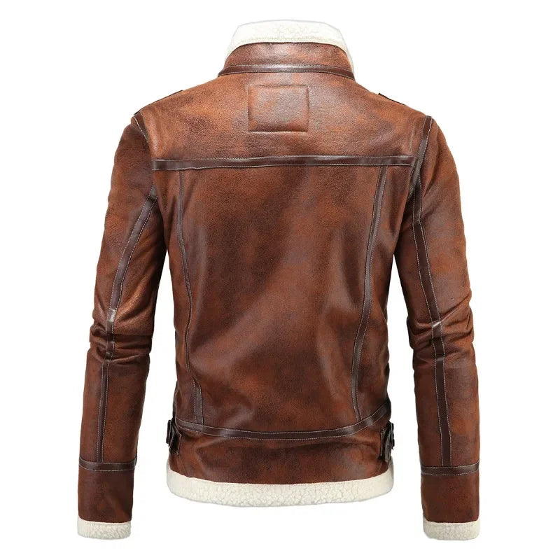 Winter Men Fleece-Lined Thicken Fur Integrated Leather New Men Leather Clothing with Stand Collar Lambswool Leather Jacket