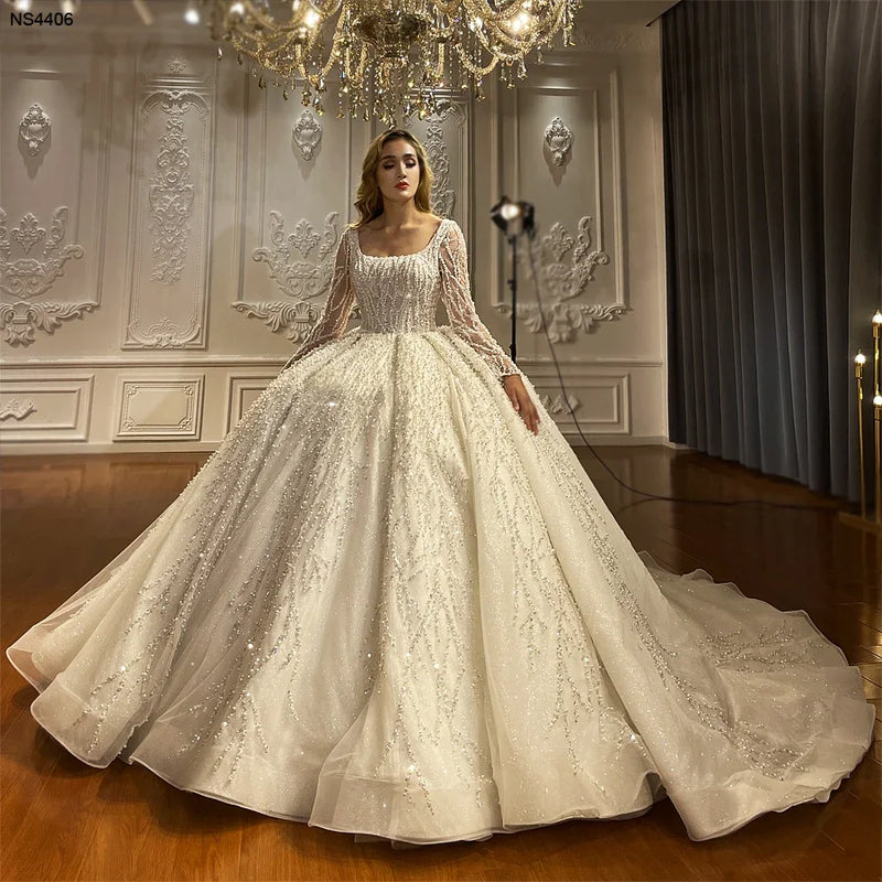 Luxury Sparkly Ball Gown Wedding Dress Long Sleeves - View 4 | SAMAG