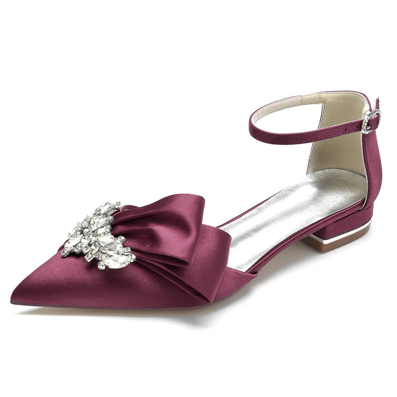 Satin Rhinestones Wedding Flats Shoes Pointed Toe Ankle Buckle Strap Women Flat Sandals for Bridesmaids/Prom/Evening
