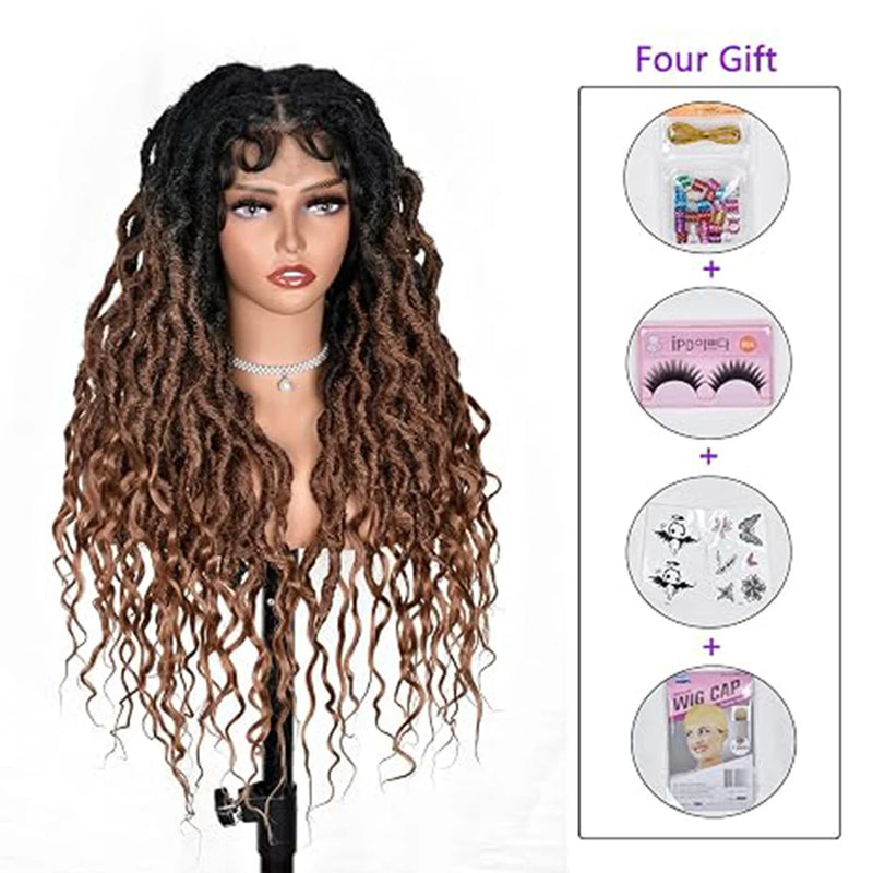 Synthetic Knotless Braided Wigs Full Lace Twist Hair Brown Faux Locs For Black Women 32 Inches Front Braided Wigs With Baby Hair