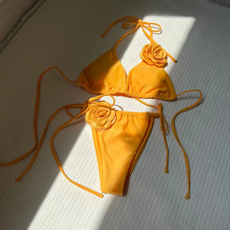 Sexy 3D flower bikinis sets triangle two pieces rose | SAMAG