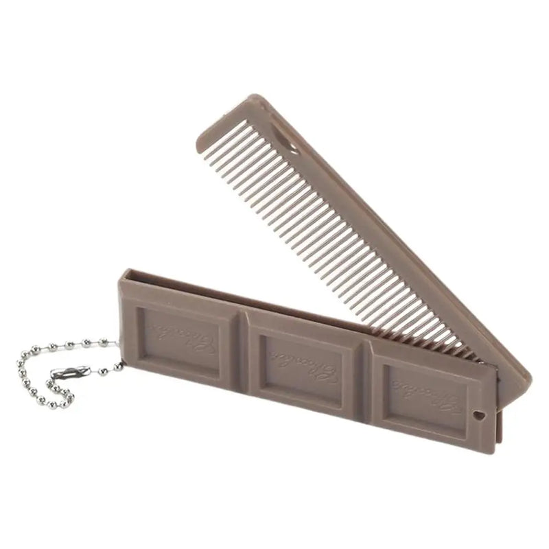 2 in 1 Portable Folding Comb Chocolate-Shaped Mini Compact Hair Comb with Mirror Creative Travel Hair Smooth Styling Tool