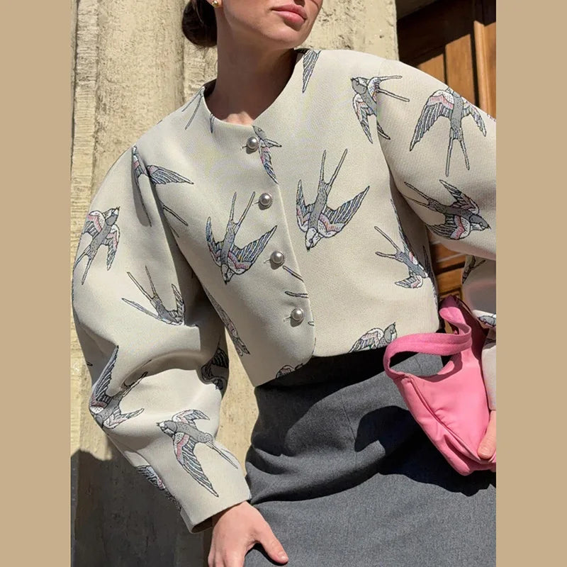 Casual Print Mini Skirts Sets Women O Neck Long Sleeves Single Breasted High Waist Loose Suits Female 2026 Autumn New Chic Set