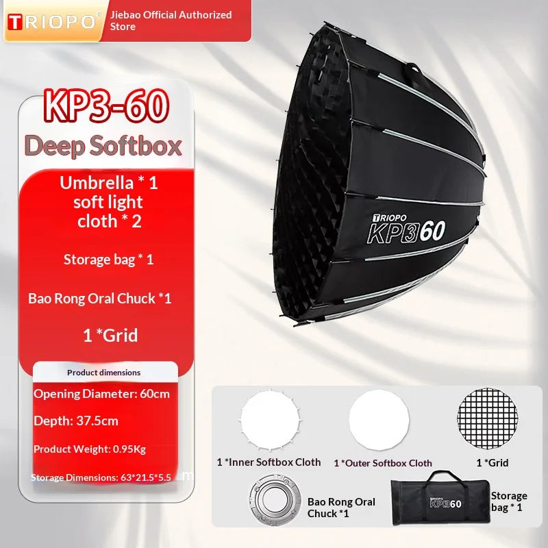 Triopo KP3 Quick Fold Deep Parabolic Softbox 60/90/120cm Bowens Mount Honeycomb Grid Compatible with Godox JINBEI