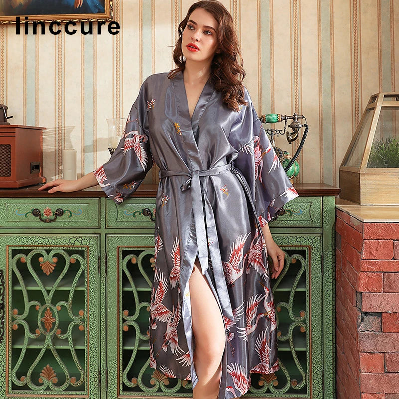 Linccure Women's Crane Print Satin Kimono Robe Silky Half | SAMAG