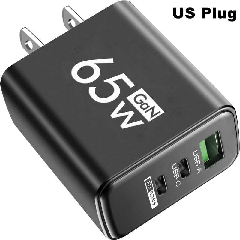 65W USB C GaN Charger 3 Ports Fast Charging Adapter 10A USB To Type C Data Cable PD USB QC3.0 Chargers for iPhone Samsung Xiaomi
