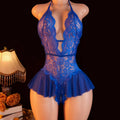 New Sexy Crotchless Blue Sexy Lingerie Women Lace Hollow Bodysuit Erotic Pajamas Teddy Babydoll Dress Deep V Open Bra Porn Set