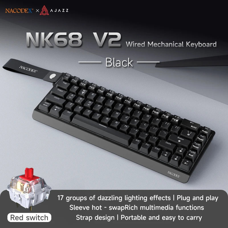 AJAZZ NK68V2 Single-Mode Wired Mechanical Keyboard Portable Gaming Keyboard RGB Hot-Swappable PC Lightweight Mechanical Keyboard