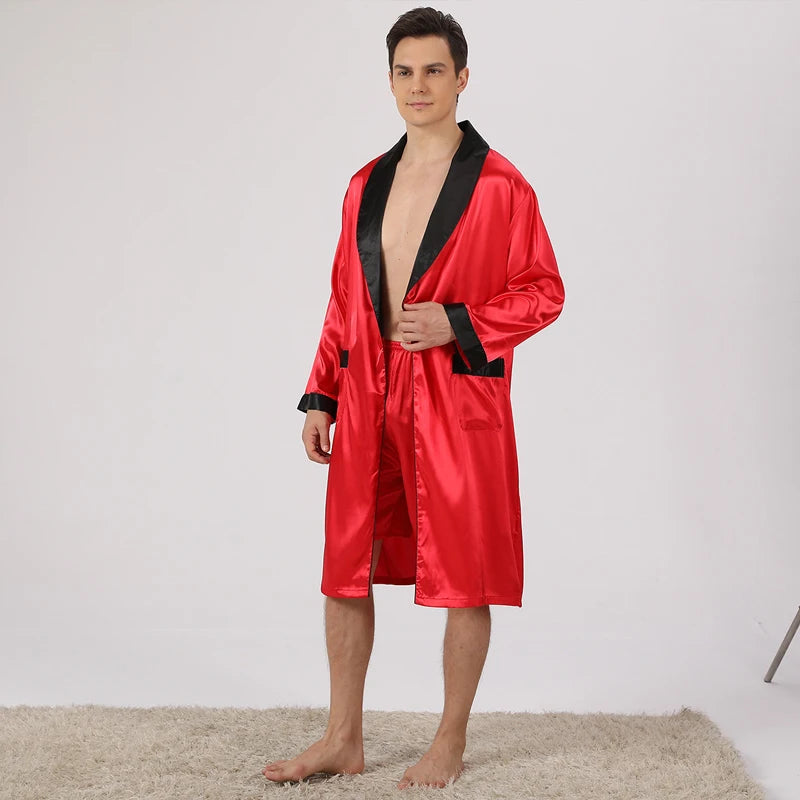 Men Satin Robe Set Loose Bathrobe Gown Long Sleeve 2PCS Sleewear Lapel Robe&Shorts Male Casual Sleep Set Silky Pajamas Set