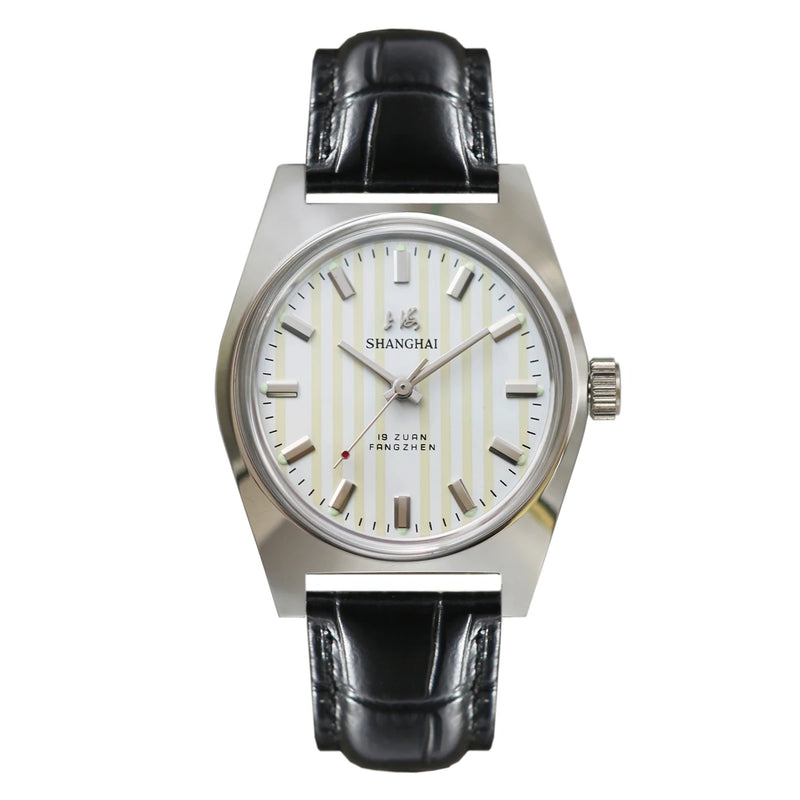 Vintage Shanghai Hand Wind Mechanical Watch  Simple Silver Case Black Leather Band Business Dress Wrist Watch