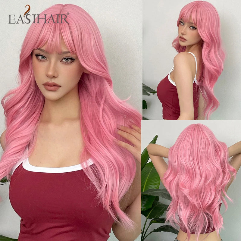 Long Blonde Ombre Brown Synthetic Wigs Water Wavy Platinum Wigs with Bang Hair Wig for Women Daily Cosplay Party Heat Resistant