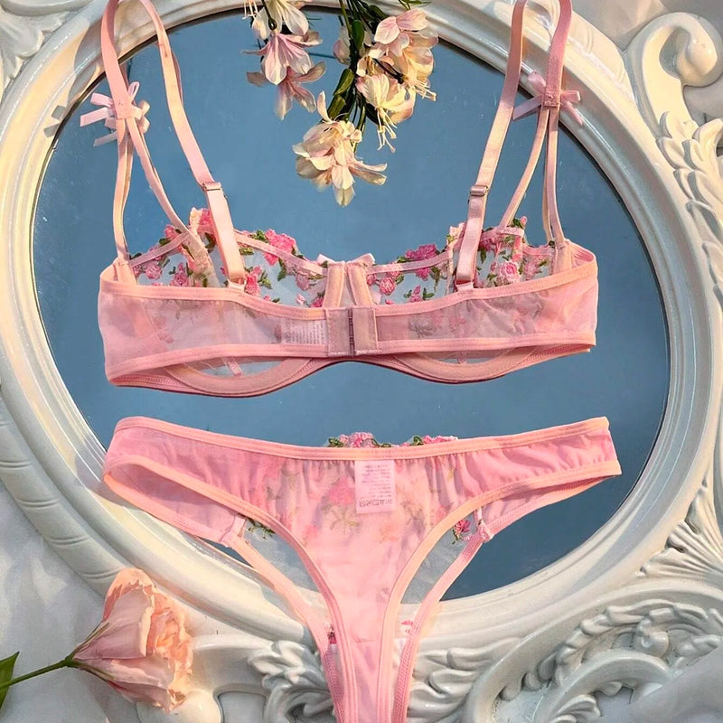Sexy Lingerie Women Thin Transparent Lace See Through Female Erotic Underwear Bra And Panty Set Sleepwear Suit Embroidery Floral