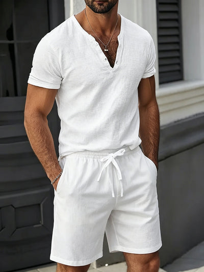 Men's Cotton Linen 2-Piece Set V-Neck Henley T-Shirt | SAMAG