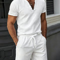 Men's Cotton Linen 2-Piece Set V-Neck Henley T-Shirt | SAMAG