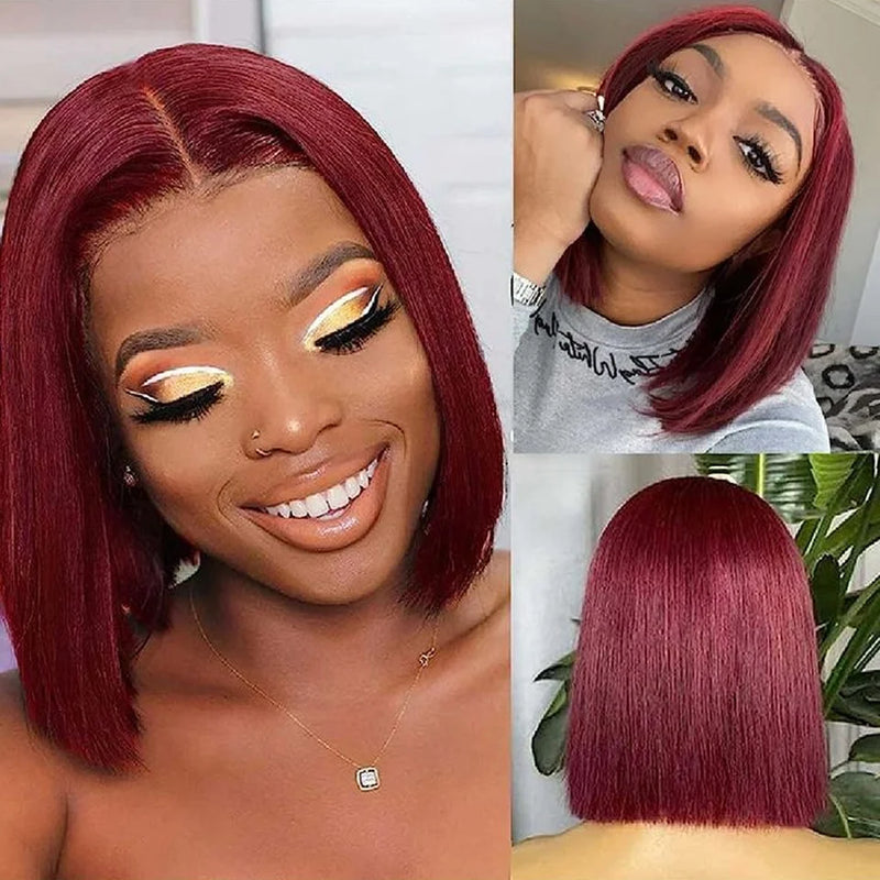 Burgundy Bob Wig 4C Hair Human Hair 13x6x1 Frontal Lace Straight Bob Wigs 99J Red Short Bob Wig Middle Part 100% Human Hair Wig