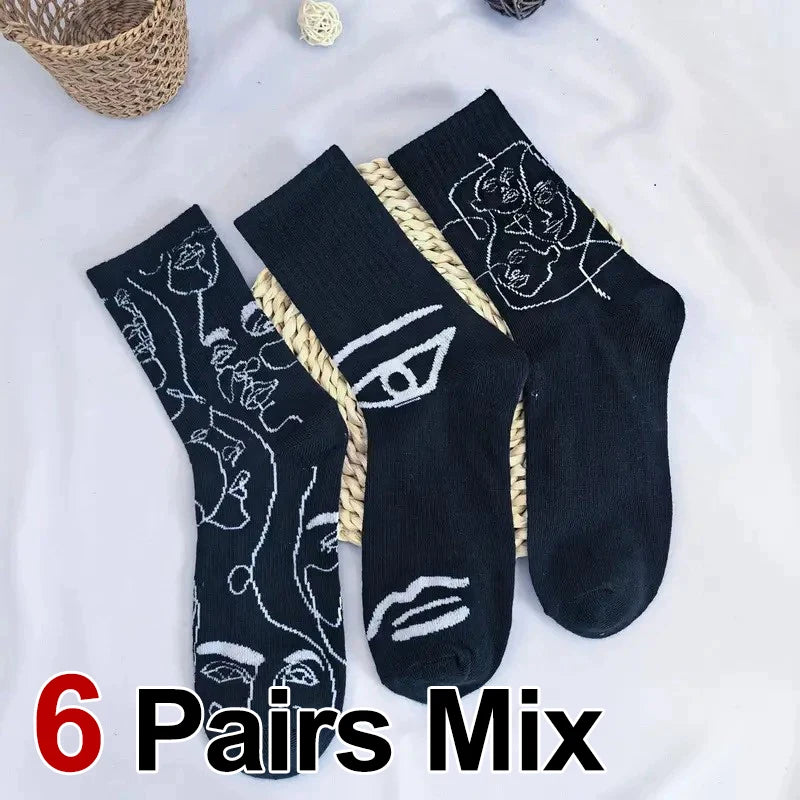 6 Pairs Line Patterns Both Men Women Fashionable Mid Tube | SAMAG