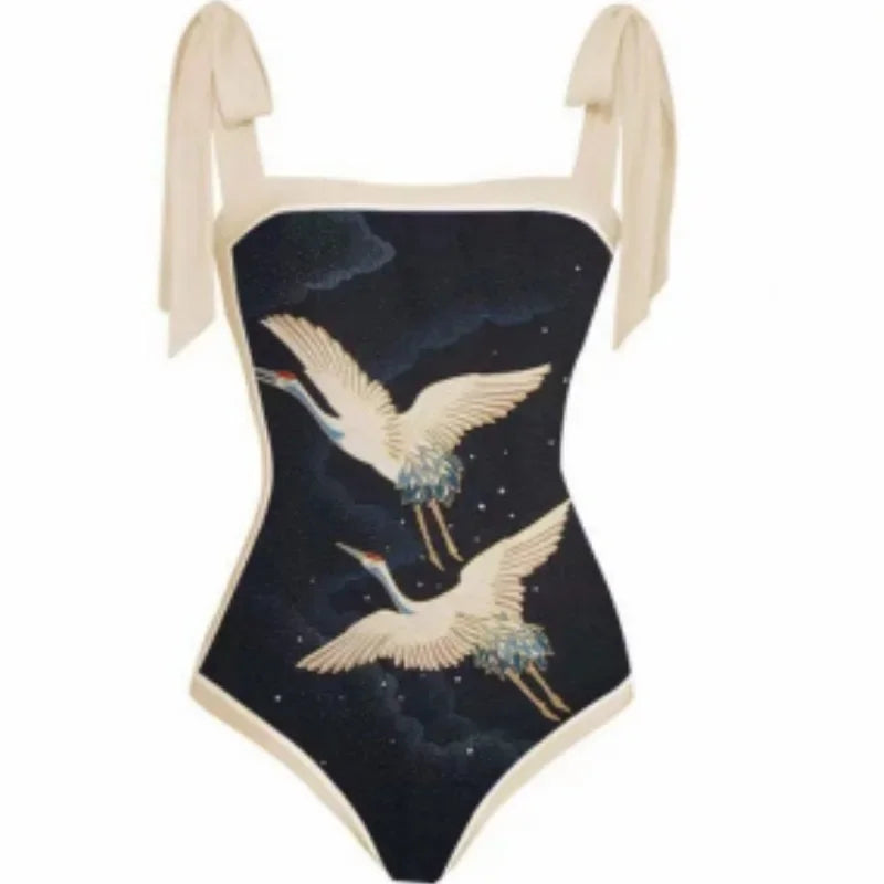 Fashion Women Cover Swimsuit Retro Print Gorgeous One-Piece Suit with Swimwear Beach Casual Swimwear Skirt That Wraps Hips