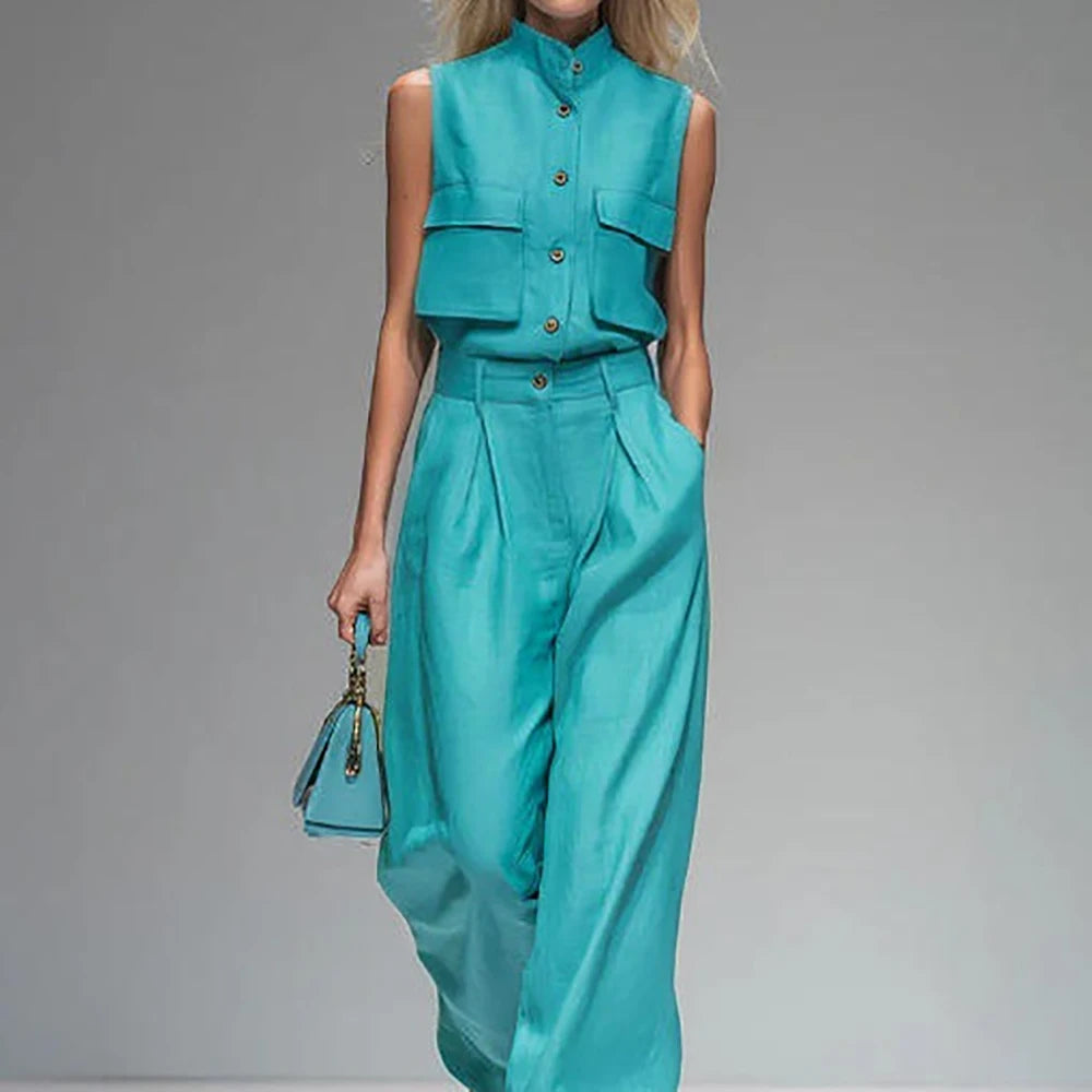 Women's Imitation linen Elegant Sleeveless Shirt Two Piece Outfit - Stand Collar Pocket Blouse High Waisted Wide Leg Pants Sets