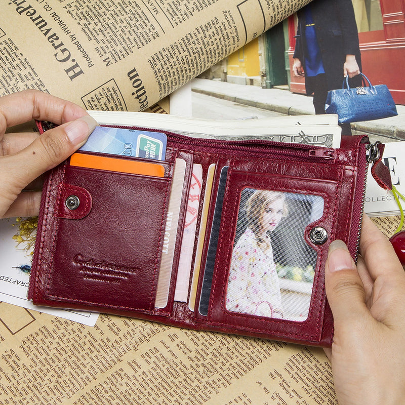 CONTACT'S Fashion Genuine Leather Women Wallet Bifold Card Holder Coin Purse Small Women's Purse Money Clip Men Pocket Wallets