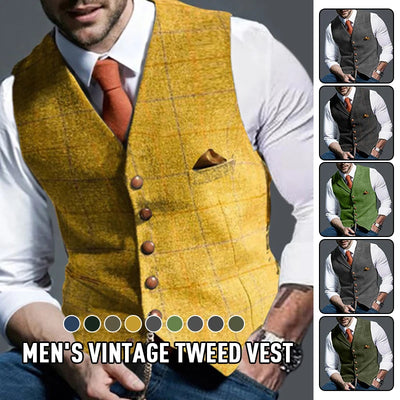 Fashion Men's Vests Lapel Tweed Plaid V-neck Waistcoat | SAMAG