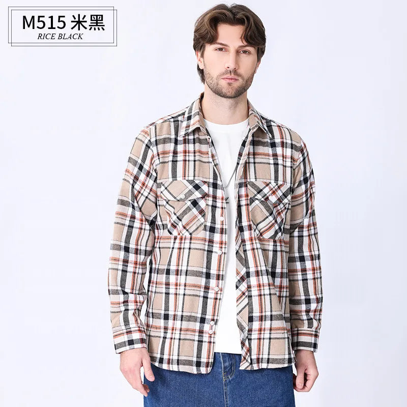 American size men's long-sleeved shirt autumn and winter flannel coat plaid casual non-ironing large size with pockets