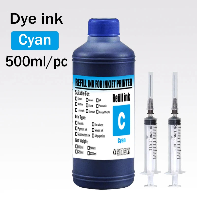 Dye ink Refill kit 500ML For Epson HP 301 302 304 305Xl Canon 40 41 445 446 Brother Lexmark Samsung Dell Inkjet Printer