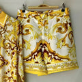 2026 Summer Women's Clothing Retro Geometric Print Lapel Loose Shirt Two-piece Set + Wide Leg Shorts Hot Pants Fashion Suit