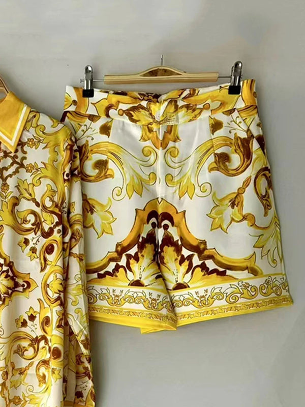 2026 Summer Women's Clothing Retro Geometric Print Lapel Loose Shirt Two-piece Set + Wide Leg Shorts Hot Pants Fashion Suit