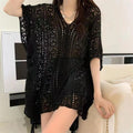 Women Beach Cover Up Crochet Sexy Deep V-Neck Side Slit Short Sleeve Hollow Out Knitted Fashion Cover-Ups Knitting Smock