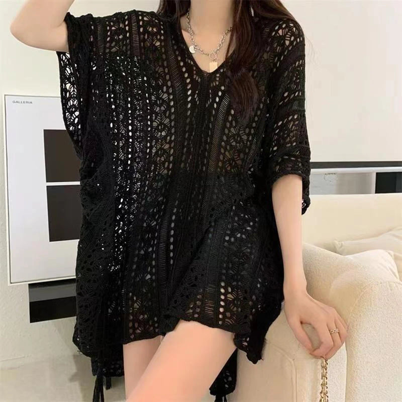 Women Beach Cover Up Crochet Sexy Deep V-Neck Side Slit Short Sleeve Hollow Out Knitted Fashion Cover-Ups Knitting Smock