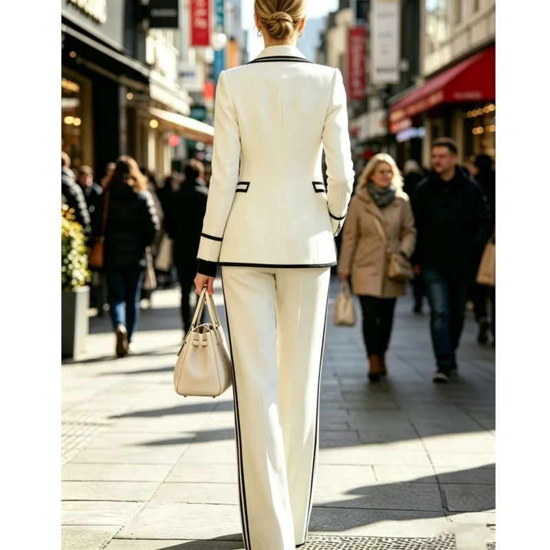 Elegant Women's Double Breasted Blazer Casual 2 Piece Set Autumn Lapel Long Sleeve Blazer Coats With Long Pants Office Suits