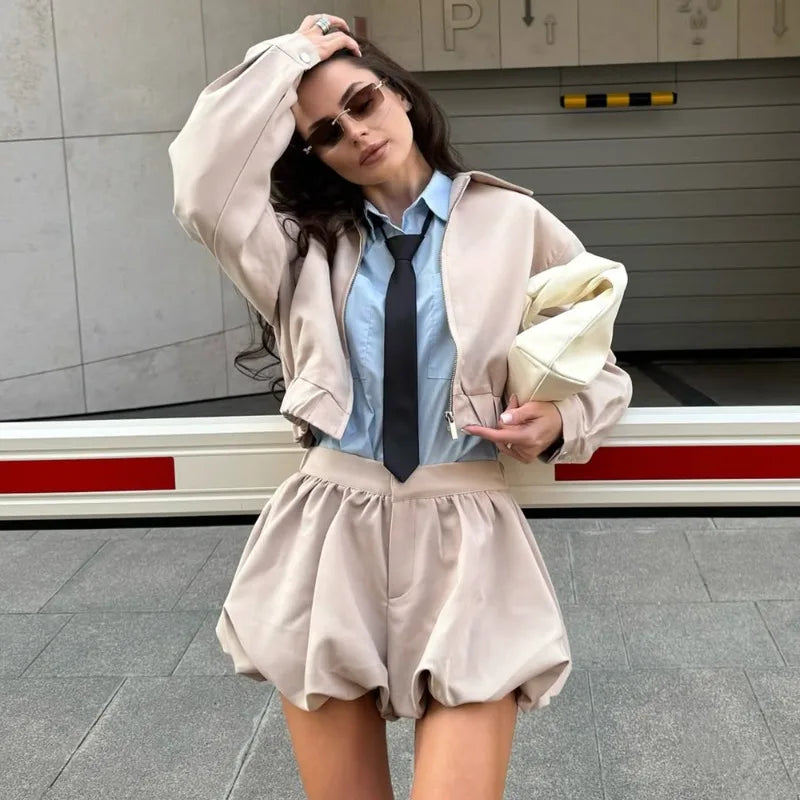 Tuularose Women's 2 Piece Fashion Lapel Zip Jacket Pleated Shorts Suit Vintage Streetwear New Party  Autumn Female Short Sets