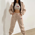 Women's New Fleece Heart-shaped Print Sports and Leisure Three-piece Suit, Long-sleeved Jacket and Half Vest and Drawstring Pants, Machine Washable