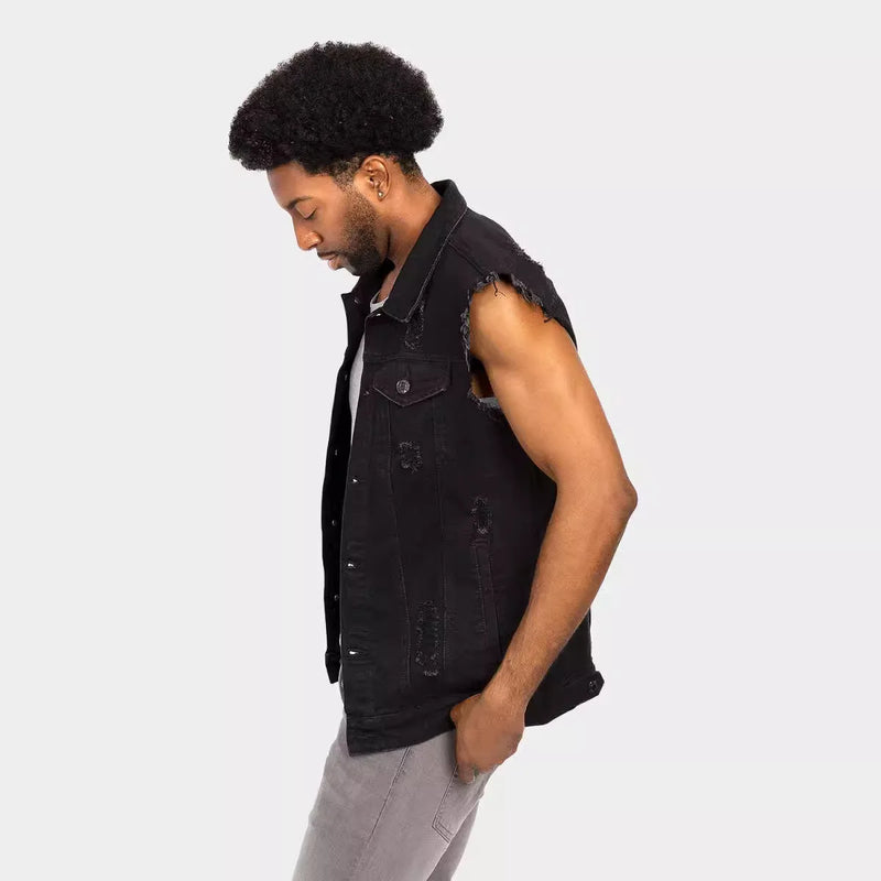 Men Vests Denim Sleeveless Turn Down Collar Spliced Solid Vest Single Breasted Pockets Casual Coats Hole Male Summer 2025