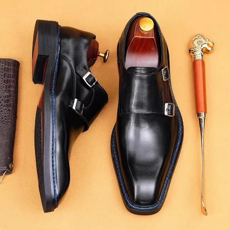 High-end Cowhide Leather Shoes For Men Square Toe Double Monk Strap Shoes Mens Dress Shoes Slip On Business Formal Shoes