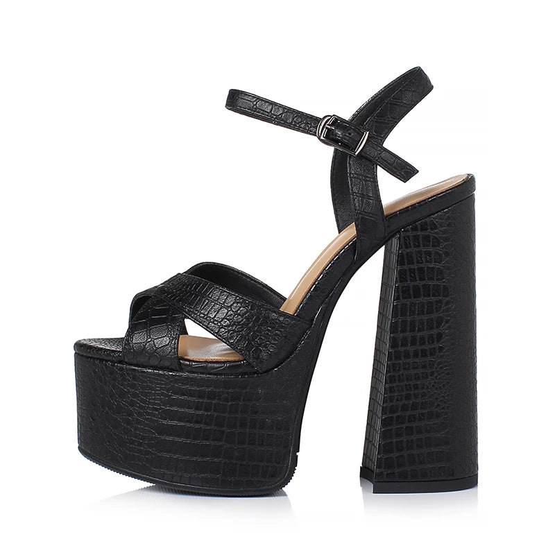 Arden Furtado Women's Summer Embossed Cowhide Platform Shoes Round Toe Super High Heel Sandals Large Size Commuter Footwear