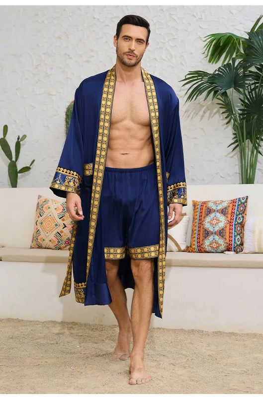Spring Summer Men Pajamas 2PCS Robe Shorts Set Baroque Style Satin Kimono Bathrobe Nightgown Home Clothing Loungewear MY1170