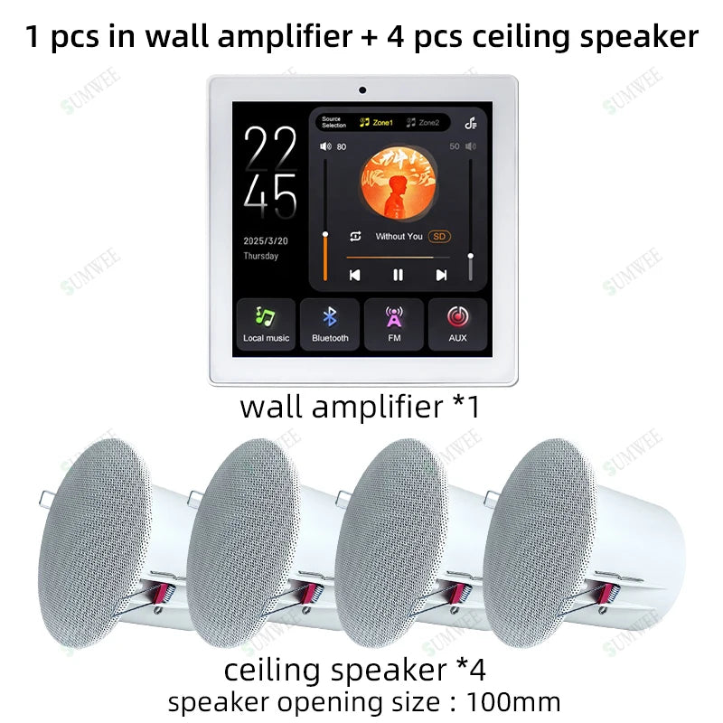 Home Bluetooths Wall Amplifier 2 Zone Audio Background Music Host Control System Mini Touch Screen Ceiling Speakers Sound Panel