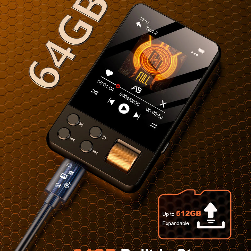 64GB Bluetooth MP3 Player,2.4' Touch Lossless MP3 W/HiFi FM Recorder,Long Battery Walkman For Student Sport,512GB Expandable