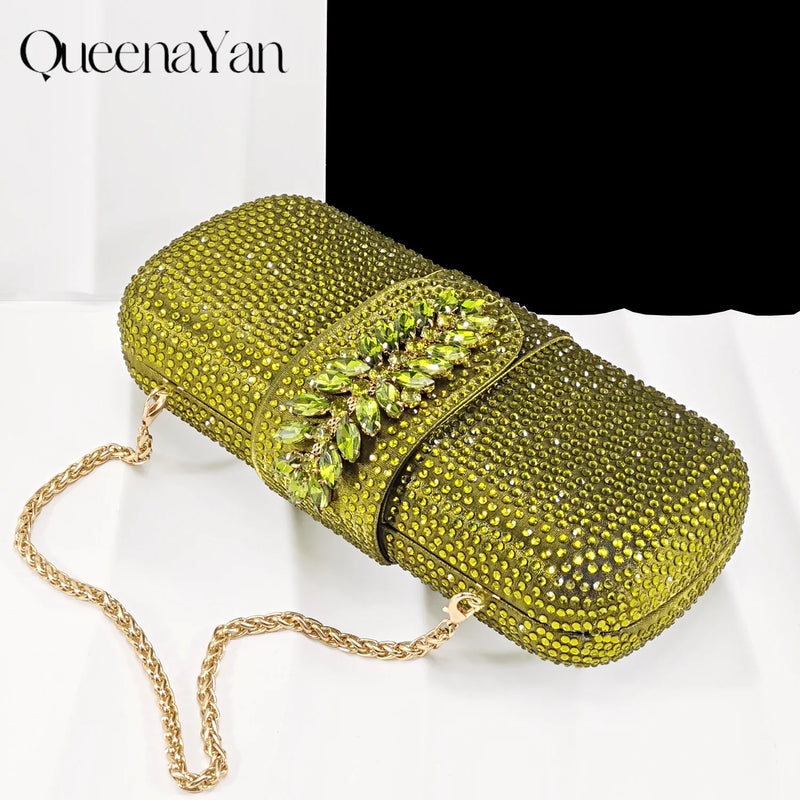 Queena Yan New Arrival Fashionable Olive Color Diamond Decorative Party Wedding Pointed Toe Women's High Heels and Bag Set