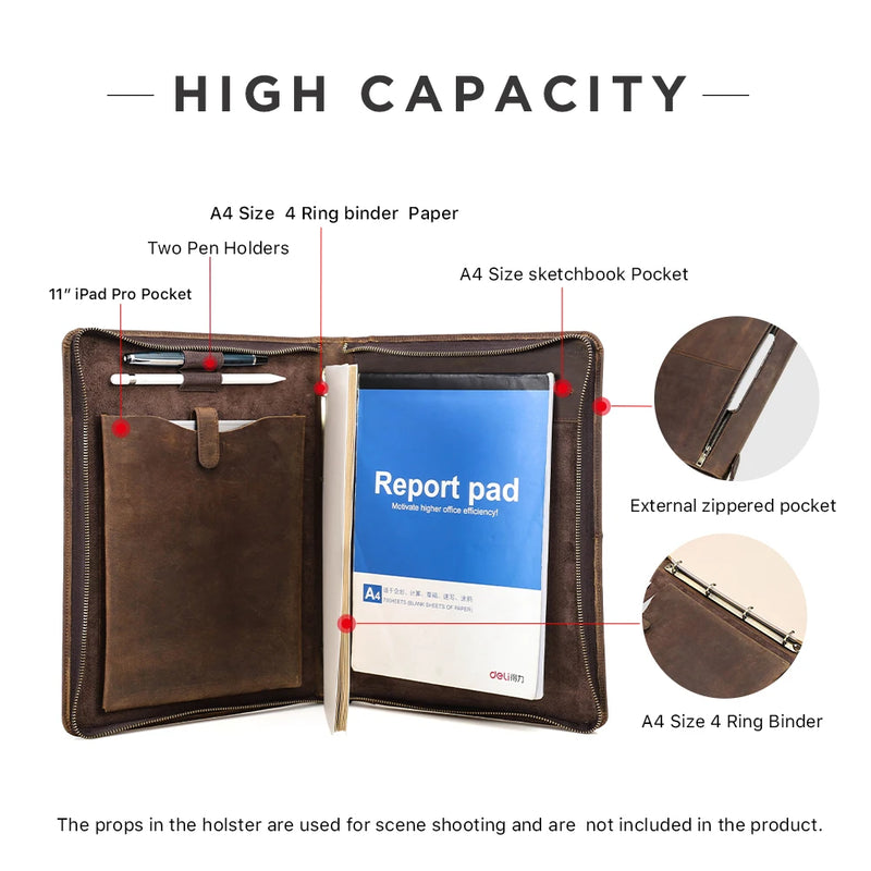 Luxury Retro A4 Cowhide Business Leather Portfolio with 4 Ring Binder Sketchbook Paper Pen Holder Ipad 11 pro Zipper Travel Case