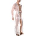 Men Robe Long Sleeves Bathrobe Kimono Mens Pajamas Lace See-through Bathrobe Night Dressing Gown With Jockstrap Thong Set