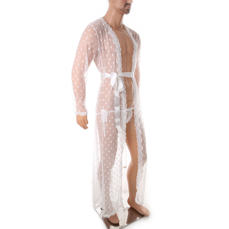 Men Robe Long Sleeves Bathrobe Kimono Mens Pajamas Lace See-through Bathrobe Night Dressing Gown With Jockstrap Thong Set