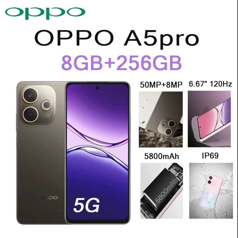 OPPO A5 Pro 6.67" 120Hz Display 8GB+256GB 50MP Cam 5800mAh Long Lasting Battery 5G EU/US Version Dual SIM Unlocked Smartphone
