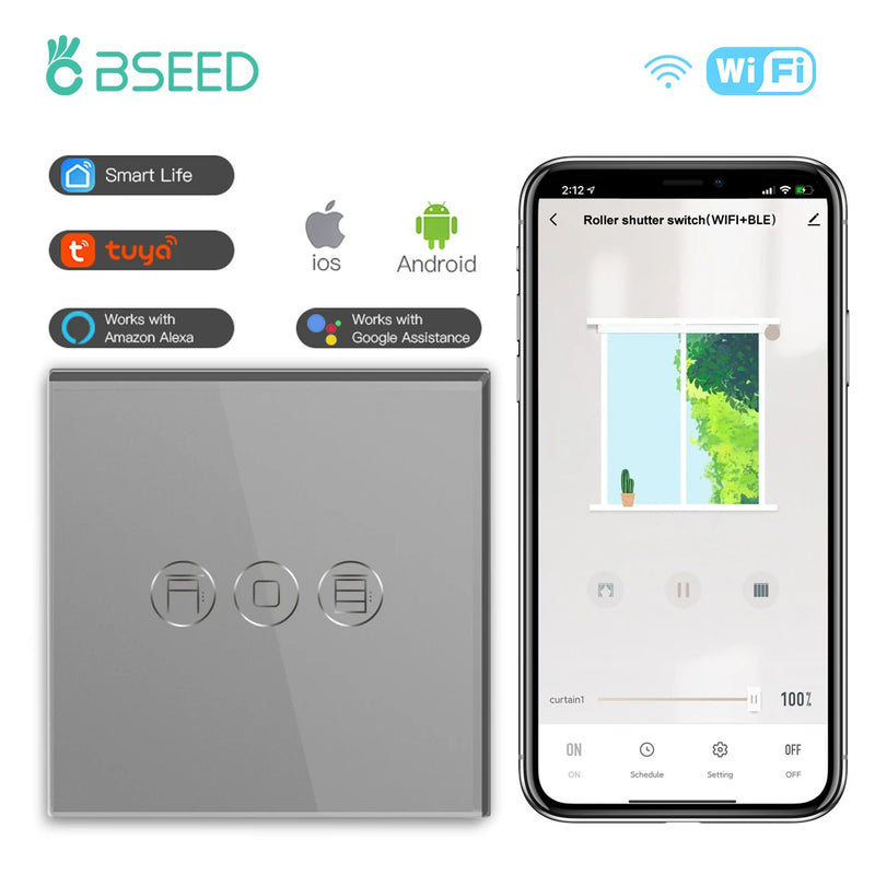 Bseed EU Standard Tuya Wifi Blind Switches Wireless Smart Roller Shutter Switch Smart Life Google Assistant Alexa Voice Control