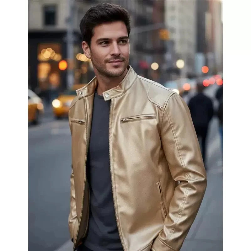 Men's PU leather jacket stand-up collar slim-fit vintage-style biker jacket spring/fall top