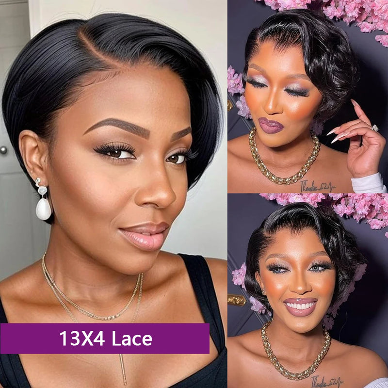 Straight Pixie Cut Wig Transparent Lace Front Human Hair Wig Short Bob Wigs 13x4 4x4 Pixie Wig Brazilian Remy Human Hair #1B Natural Color