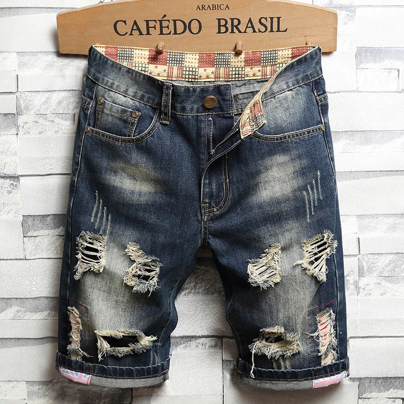 New Large Size Denim Shorts Retro Ripped Slim Men's Five | SAMAG