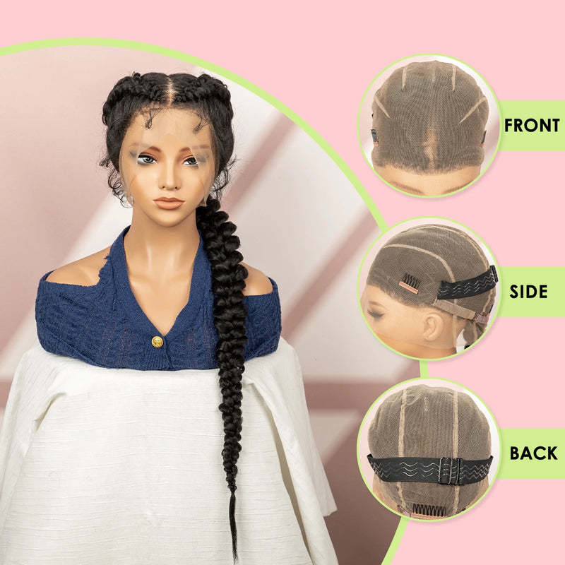 Cornrow Braided Wigs for Women Knotless 30 Inches Synthetic Conrow Braids Wig with Baby Hair Ponytail Transparent Full Lace Wig
